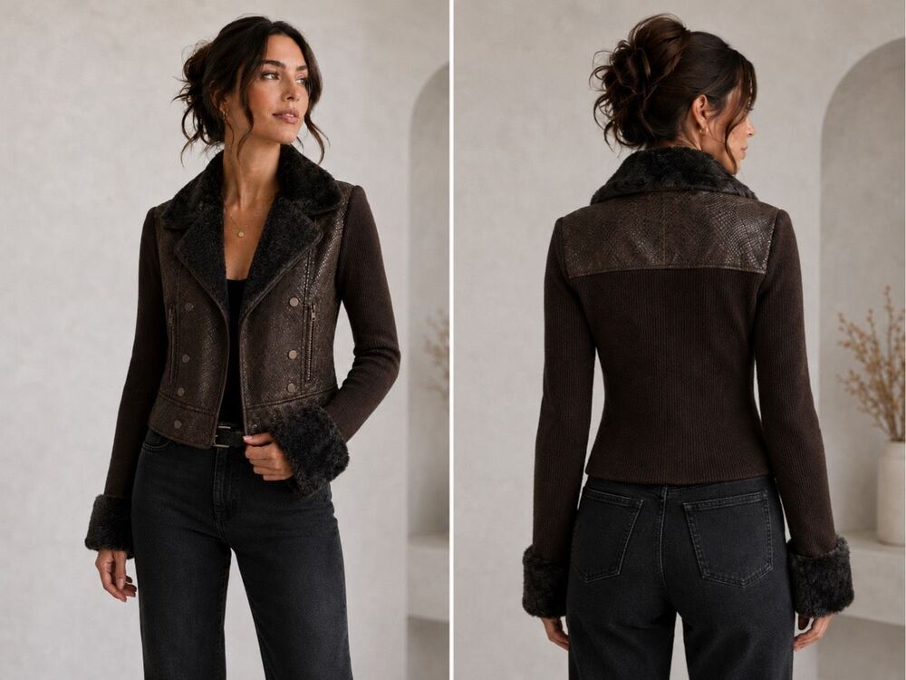 Cache Brown Faux Fur Trim Moto Jacket Size S Wool Blend Rib Knit Snakeskin Textu